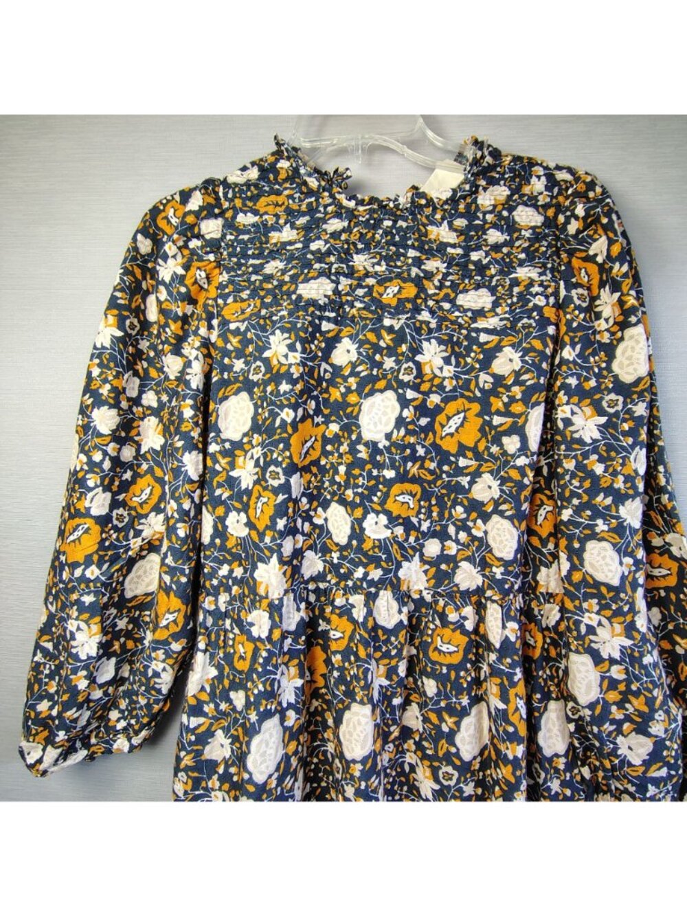 Floral Smocked Prairie Midi Dress Navy Yellow Boho Pockets Medium - Picture 4 of 9